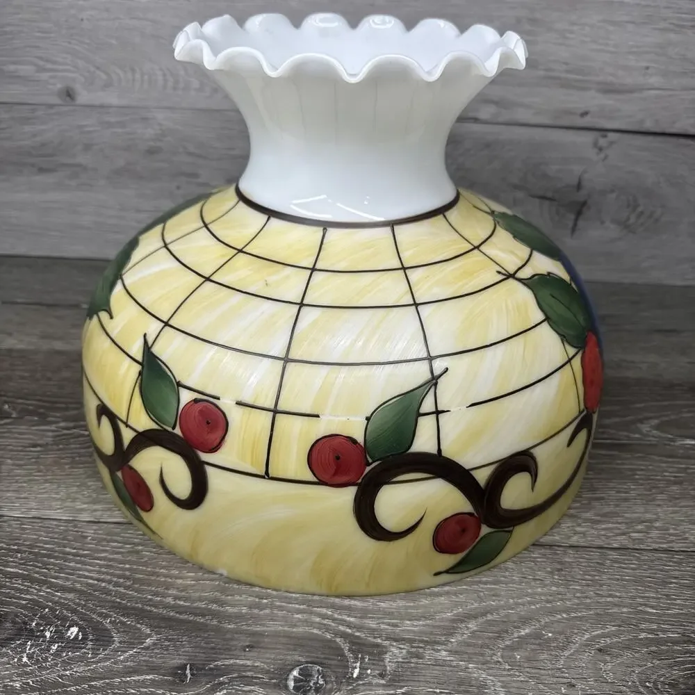 VTG Milky Glass Hand painted Hurricane Lamp Shade 14-3/4” Diameter 9-7/8”Tall
